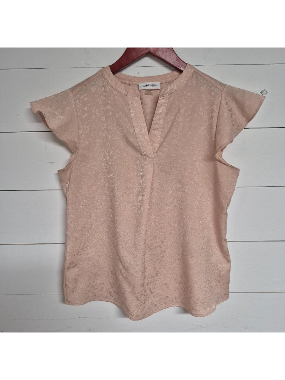 Calvin Klein Women's Blush Pink Floral Jacquard Flutter Sleeve Blouse Size Sp